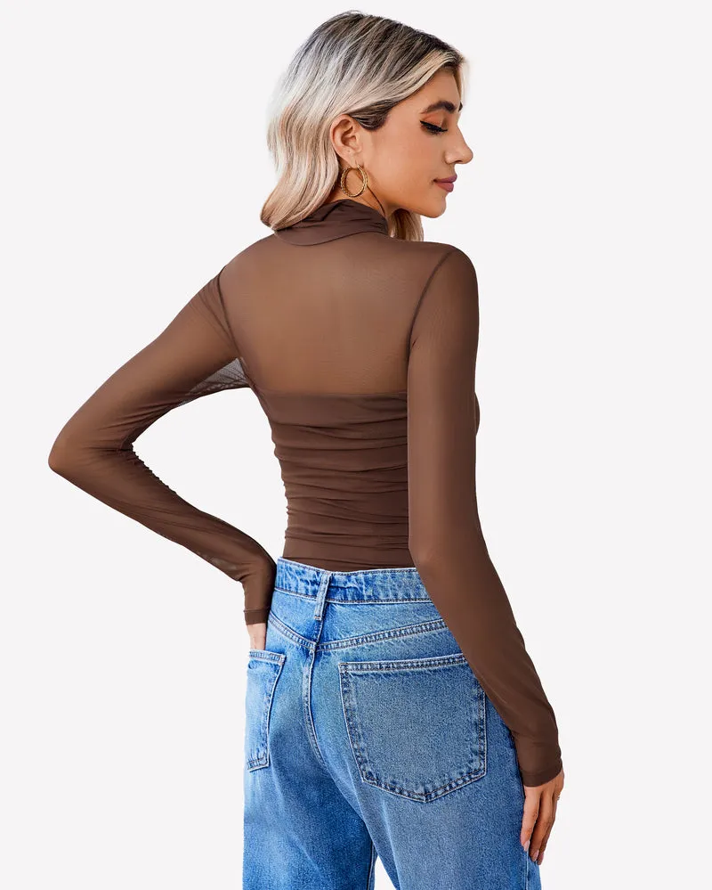 Turtle Neck Body Suits Mesh Leotard Shirt
