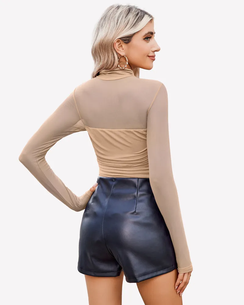 Turtle Neck Body Suits Mesh Leotard Shirt