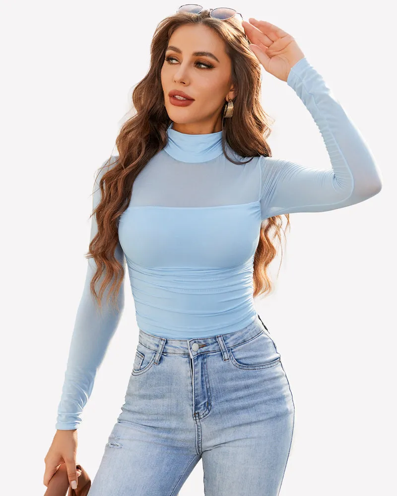 Turtle Neck Body Suits Mesh Leotard Shirt