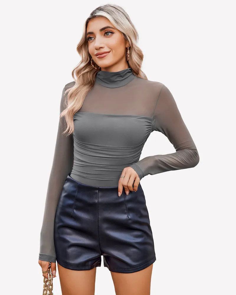 Turtle Neck Body Suits Mesh Leotard Shirt