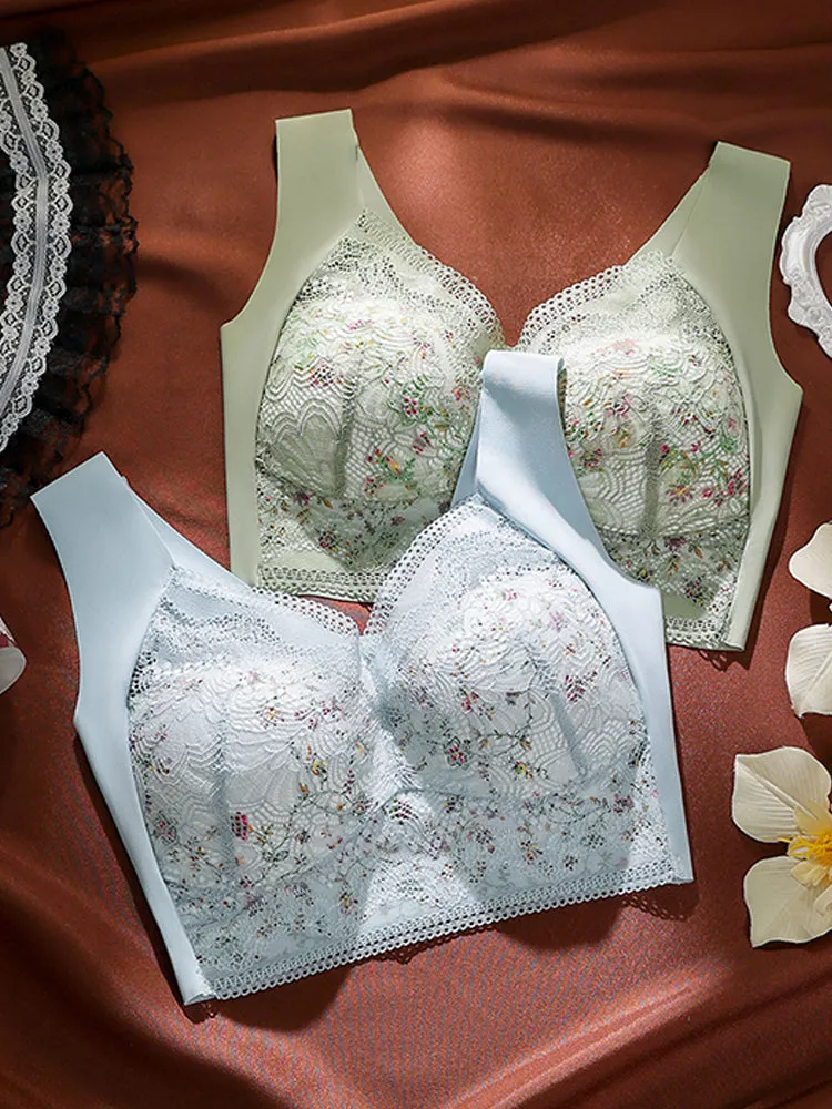 Vintage Floral Lace Push Up V-neck Wireless Bra