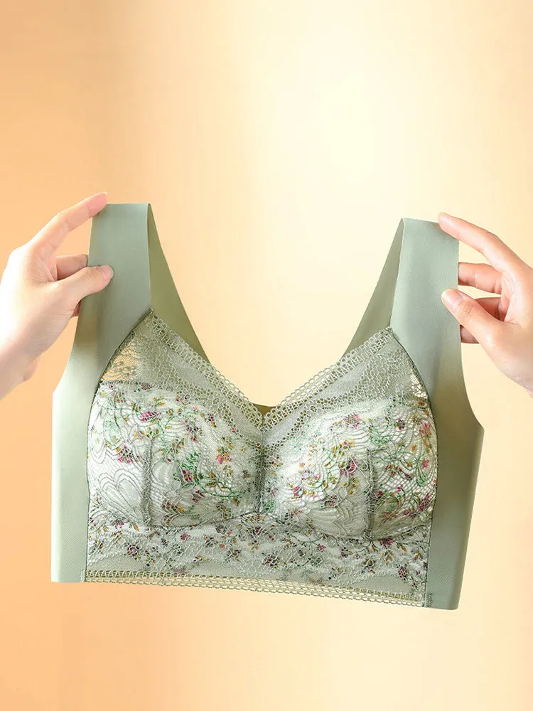 Vintage Floral Lace Push Up V-neck Wireless Bra