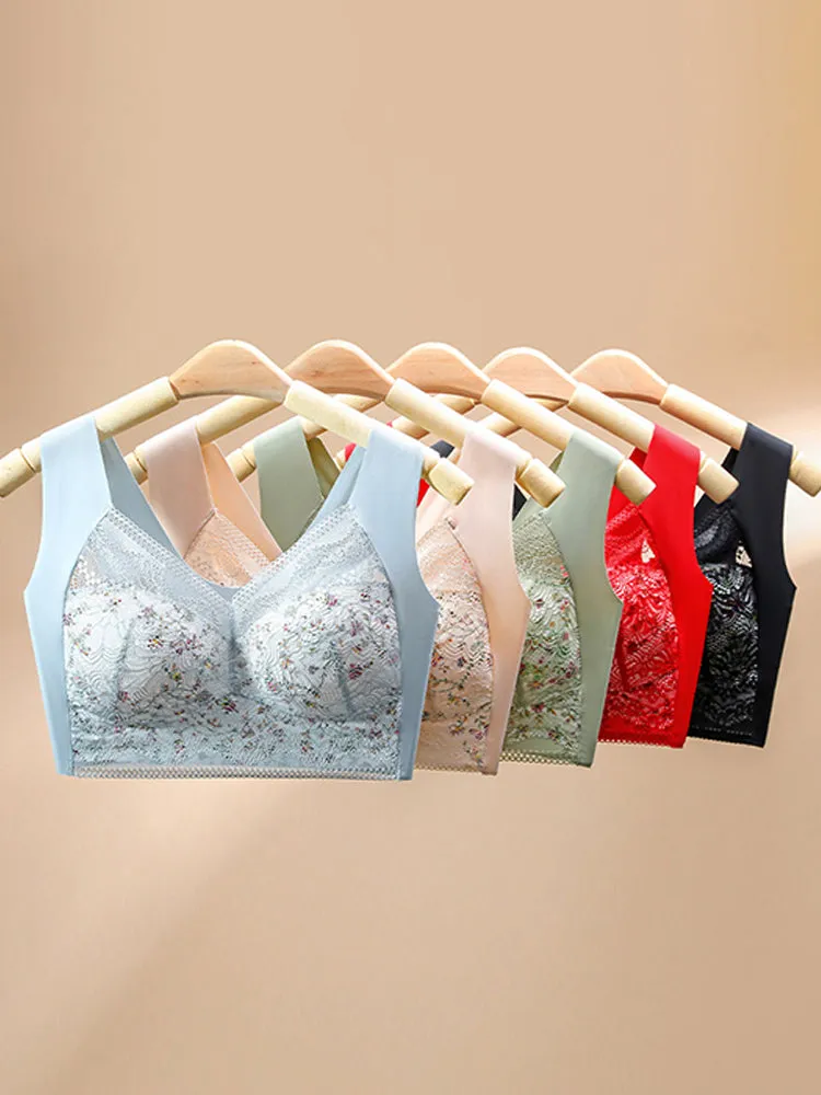 Vintage Floral Lace Push Up V-neck Wireless Bra
