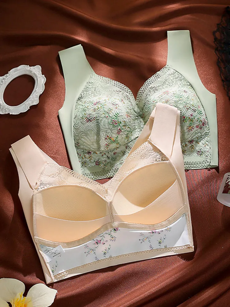 Vintage Floral Lace Push Up V-neck Wireless Bra