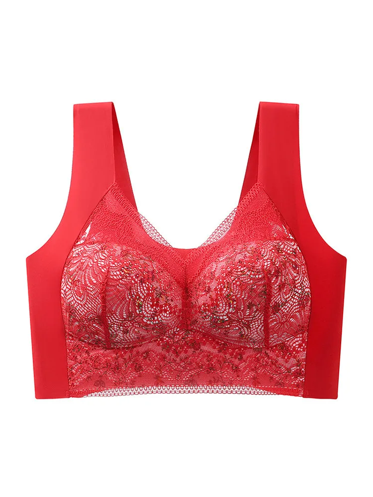 Vintage Floral Lace Push Up V-neck Wireless Bra