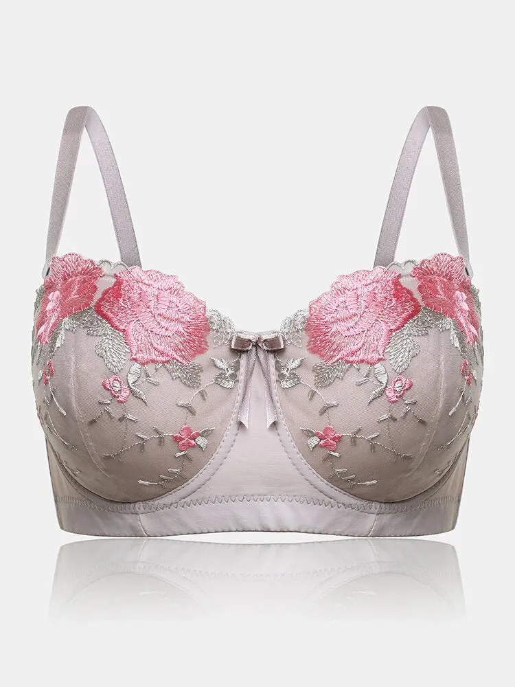 Women Flower Embroidery Breathable Underwire Bra