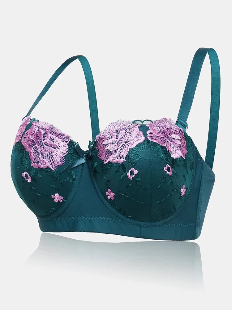 Women Flower Embroidery Breathable Underwire Bra