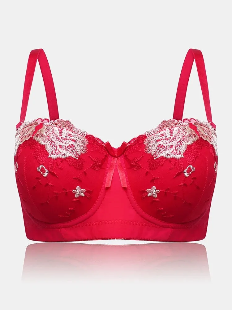 Women Flower Embroidery Breathable Underwire Bra