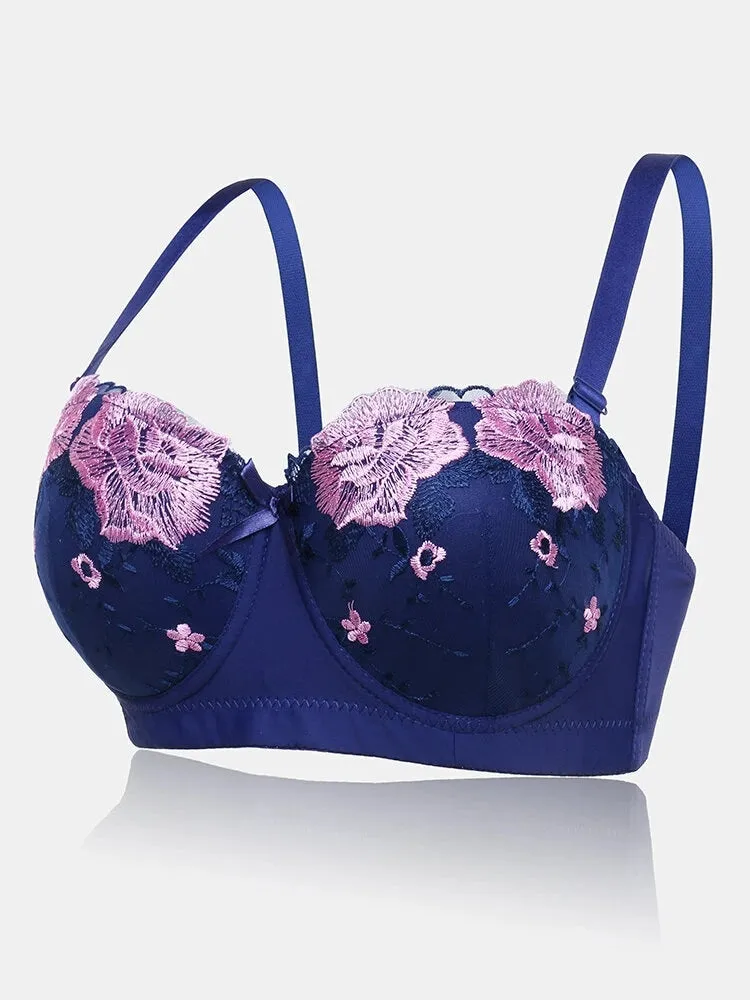 Women Flower Embroidery Breathable Underwire Bra