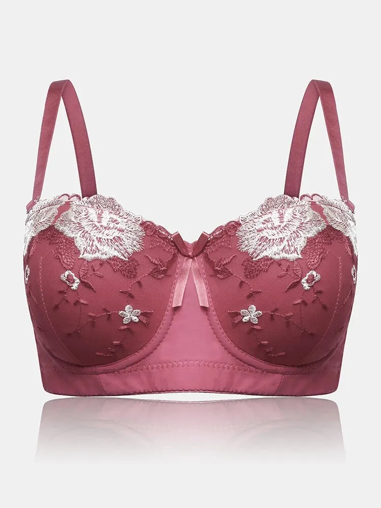 Women Flower Embroidery Breathable Underwire Bra