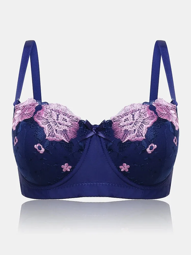 Women Flower Embroidery Breathable Underwire Bra