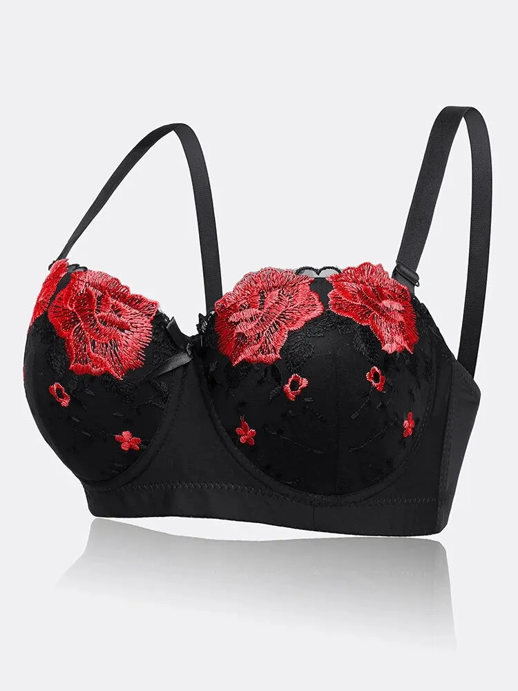 Women Flower Embroidery Breathable Underwire Bra
