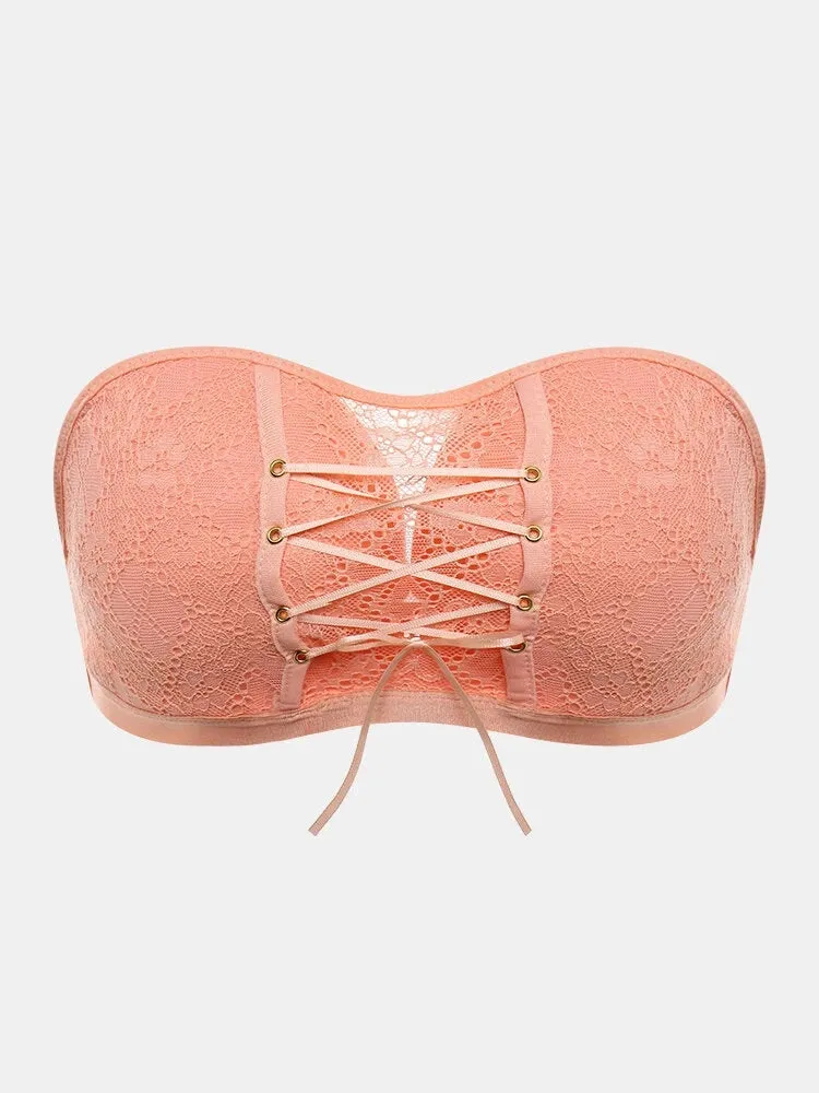 Women Lace Push Up Wireless Strapless Bra