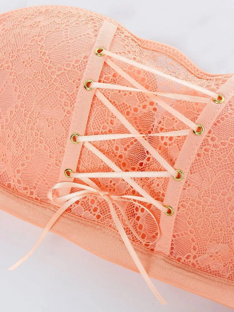Women Lace Push Up Wireless Strapless Bra