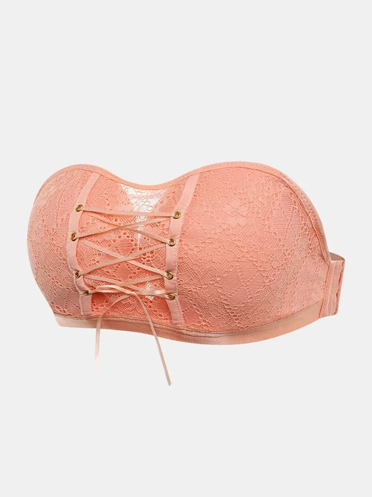 Women Lace Push Up Wireless Strapless Bra