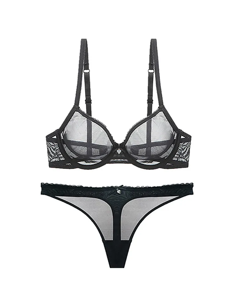 Women's Sexy Sheer Mesh Lingerie Bra and Thong Panty Set